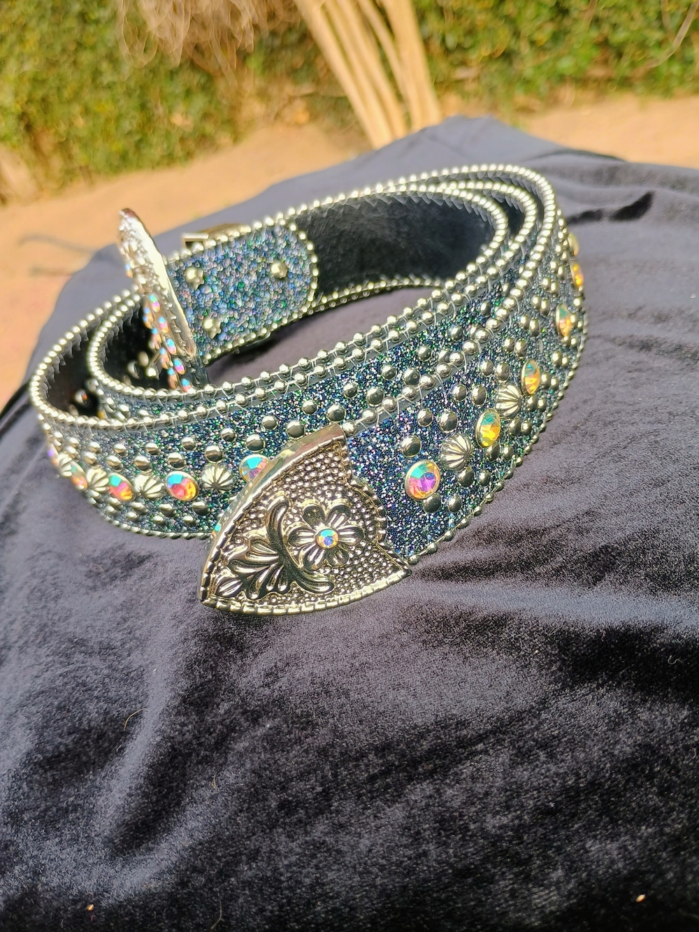 Embellished Western-Style Rhinestone Belt - Blue Glitter